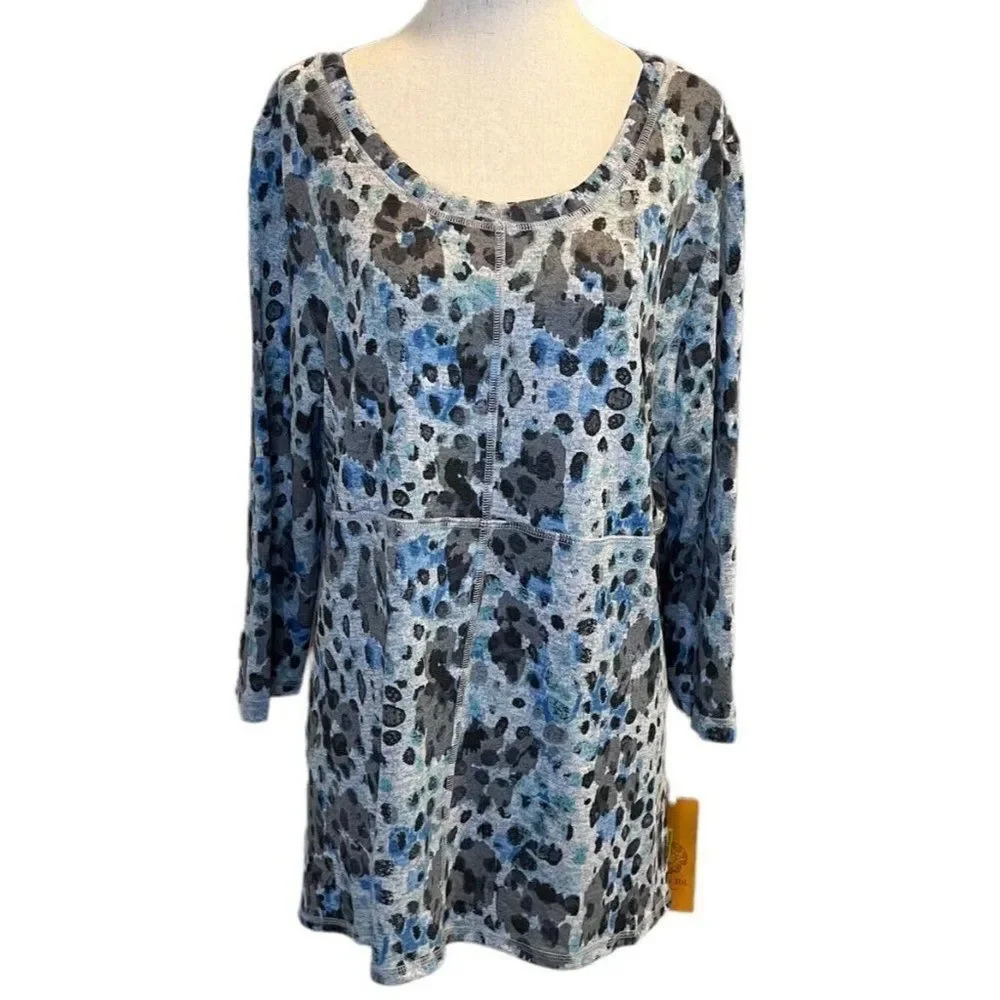 Ruby Rd Size Large Artsy Animal Knit Top Blouse Tunic Blue Black White Gray NEW